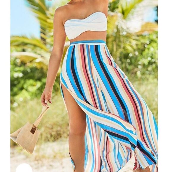 SWIMSUIT FOR ALL MARA BEACH LIGHT COLORED STRIPED PANT WITH SIDE SLITS SZ 22/24 - Picture 3 of 8